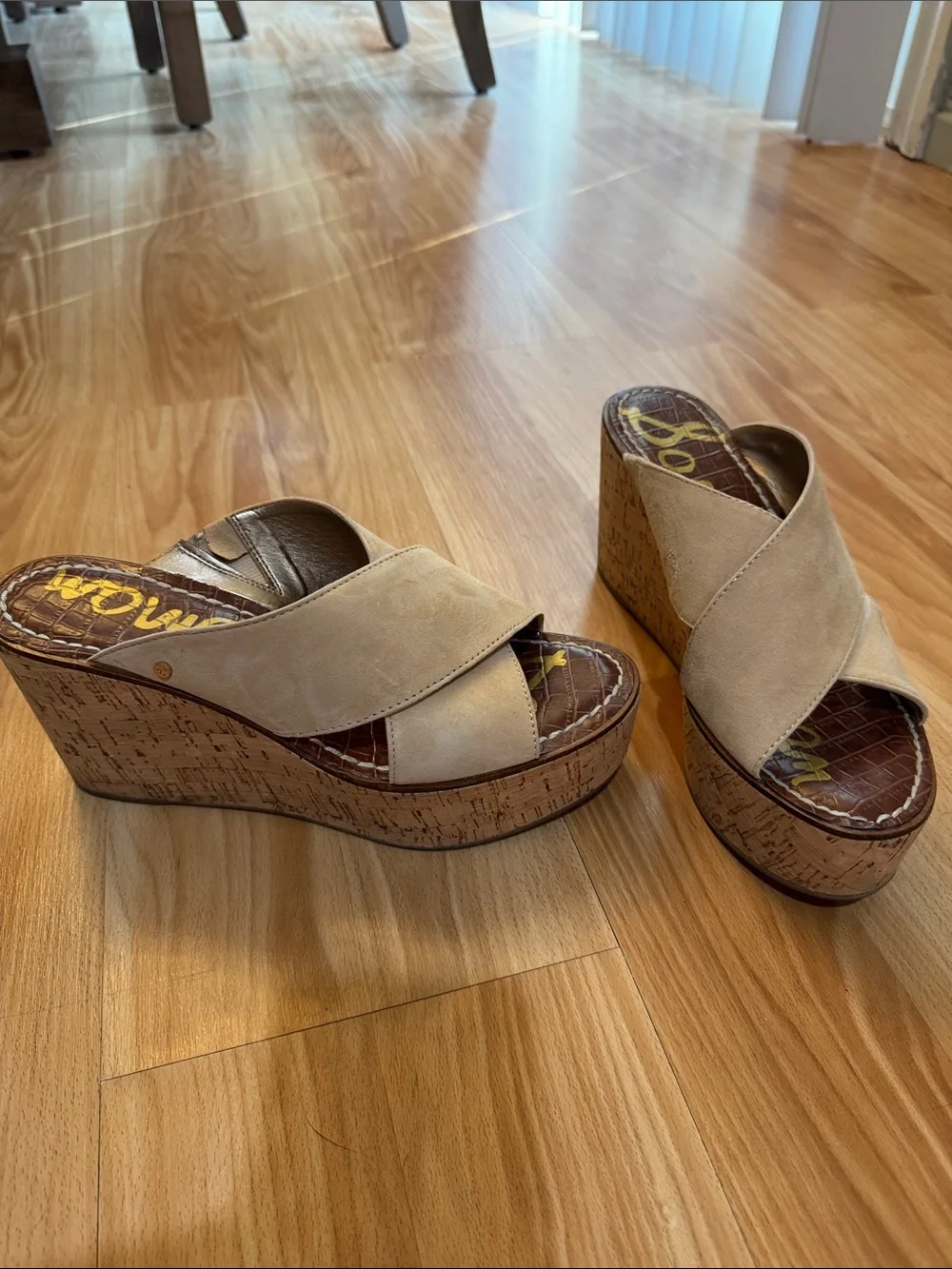 Sam Edelman Tan Suede Cork Platform Wedge Slides